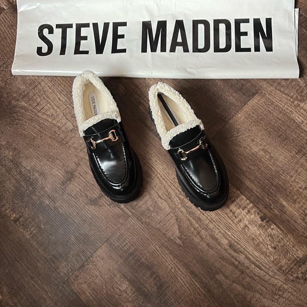 Steve Madden Black Loafers with Gold Buckles